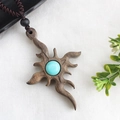Ethnic retro long sweater necklace with flame wood pendant and turquoise stone inlay - Style 20