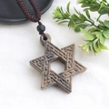 Ethnic style long sweater necklace with hexagonal wooden star pendant and Celtic knot carving - Style 9