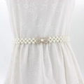 Elegant pearl elastic waist belt with rhinestone flower buckle on white lace dress - EL95-1 Gold Bow
