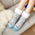 Thick light blue fleece-lined floor socks with Nordic reindeer pattern and plush cuffs - Lake Blue Reindeer