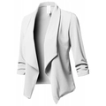 Detail of white women blazer featuring stylish three-quarter ruched sleeves and draped collar - S / White