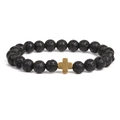 Lava stone hematite bead bracelet with a gold cross charm on a white background - Gold