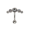 Silver belly button ring with five round clear crystals on a white background - White