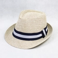 Chapeau Panama classique en paille beige avec ruban rayé bleu marine et blanc pour l'été - Taille Unique (Circonférence 58cm) / Beige