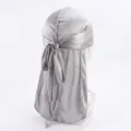 Silver satin durag featuring a glossy finish and premium stitching on the long tail - Silver Gray