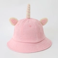 Pink unicorn fisherman hat for kids made of corduroy with plush ears and a striped horn - Kids 52-53cm / Pink (Unicorn)