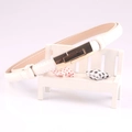 Elegant white patent leather skinny belt with a gold rectangular metal buckle for women - White