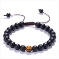 Detail of 8mm matte black beads and tiger eye stone on adjustable braided bracelet - Style D-Matte Black with Tiger Eye