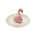 Detailed view of pink flamingo ceramic jewelry tray with golden clover patterns - Plaid Pattern Flamingo Dish
