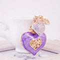 Purple marble enamel heart keychain with rhinestones and gold flower charm - Purple