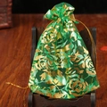Green organza jewelry pouch with gold rose floral print and drawstring closure - Grass Green