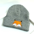 Grey winter knit hat for kids with cute fox embroidery and rolled edge protection - One Size / Dark Gray