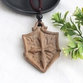 Ethnic style long sweater necklace featuring a shield-shaped wooden cross pendant - Style 8