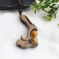 Ethnic wood pendant sweater necklace with dark brown carving and natural beads - Style 12