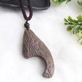Ethnic vintage long sweater necklace featuring dark brown wooden pendant on woven cord - Style 13