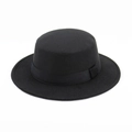 Classic black flat top felt boater hat with matching grosgrain ribbon band decoration - Black With Ribbon