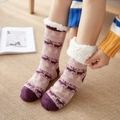 Purple winter floor socks with white fleece lining and reindeer knit pattern - Purple Reindeer