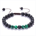 Detail of 8mm lava rock and turquoise beads on an adjustable braided cord bracelet - Malachite Style (Woven Rope)