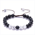 Close-up of 8mm lava rock and white marble beads on adjustable braided bracelet - White Turquoise Style (Woven Rope)