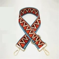 Close-up of colorful ethnic geometric woven strap with gold metal buckles and adjuster - Iridescent