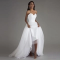 Détails d'une robe de mariée blanche en tulle high-low avec décolleté en cœur et fines bretelles - US2 / Blanc Riz Fermeture Éclair Traîne Modèle