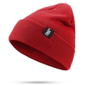 Red knit beanie hat with TRUE logo patch for winter warmth and outdoor skiing - Burgundy
