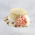 Lace wheat straw hat with large floral accents and flat top for summer beach trips - M / Lace Floral Stereoscopic Pink White Flower Style (3)