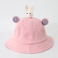 Pink corduroy kids bucket hat featuring cute plush bunny and blue spiral ear accents - Baby 49-50cm / Pink (Rabbit)