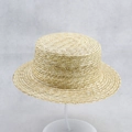 Women's summer straw boater hat with lace flowers and flat brim on white display stand - M / Simple Spiral Weave Boater Style (5)