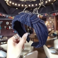 Dark blue denim knotted headband with classic yellow stitching and retro casual style - Dark Blue Denim