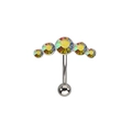 Silver belly button ring with five dazzling AB Aurora Borealis crystals on white background - White AB