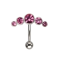 Silver curved barbell belly ring with five graduated pink cubic zirconia gemstones - Light Pink