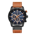 Business chronograph watch with blue dial, black alloy case and brown leather strap - Brown Black Blue