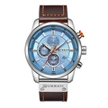 CURREN men's chronograph watch with blue dial and brown leather strap with orange stitching - Silver & Blue
