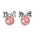 Pink strawberry crystal bow stud earrings with heart rhinestones and silver finish - Copper Plated White Gold Strawberry Quartz