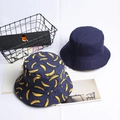 Reversible navy blue canvas bucket hats with solid color and cartoon banana patterns - One Size (54-60cm) / Navy Blue