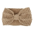 Close-up of thick chunky knit texture and bow knot design on beige ear warmer headband - Camel