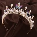Squisita corona da principessa dorata con perle, cristalli e farfalle blu su seta - Farfalla Grande Fatta a Mano - Oro