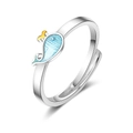 Adjustable silver ring with a cute blue whale and golden crown on white background - Adjustable Open / Silver Plated Copper Blue