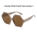 Irregular hexagonal sunglasses in lotus pink frame with brown transparent lenses - Pink Frame Tea Lens
