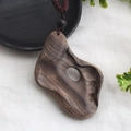 Ethnic style long sweater necklace with deep brown carved wood pendant and woven cord - Style 2