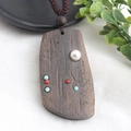 Ethnic handmade wooden necklace with colorful beads and pearl on dark wood pendant - Style 5