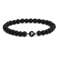Detail of 6mm matte black stone beads bracelet with a white letter P charm and silver spacers - Letter P