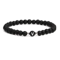 6mm matte black beaded bracelet featuring white letter V charm and silver metal accents - Letter V