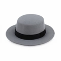 Detailed close-up of grey wool felt boater hat with a classic black ribbon band decoration - Kids Size (54cm) / With Decorative Band / Gray