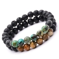Set di bracciali in pietra naturale opaca 8mm con lava nera e perle di diaspro imperiale - Stile Combinato Pietra Vulcanica e Diaspro Paesaggio (Set 2)