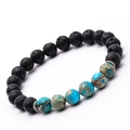 Bracciale di perle di lava nera da 8mm e turchese con distanziatori in metallo argento - Stile Pietra Vulcanica e Diaspro Imperiale (N. 9)