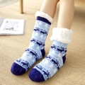 Navy blue thermal slipper socks with reindeer pattern and white faux sherpa lining - Sky Blue Reindeer