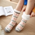 Pink Nordic reindeer fleece-lined slippers socks with non-slip sole and warm knit pattern - White Reindeer