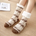 Thick sherpa lined floor socks featuring brown elk and cedar tree jacquard patterns - Coffee Moose